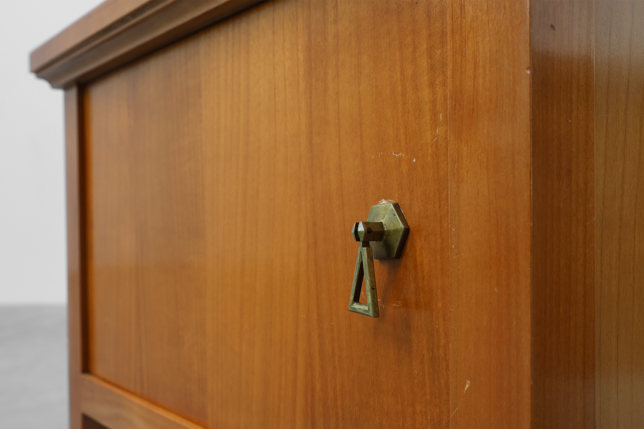 Pair of mid-century bedside tables with brass handles, France, 1950sthumbnail